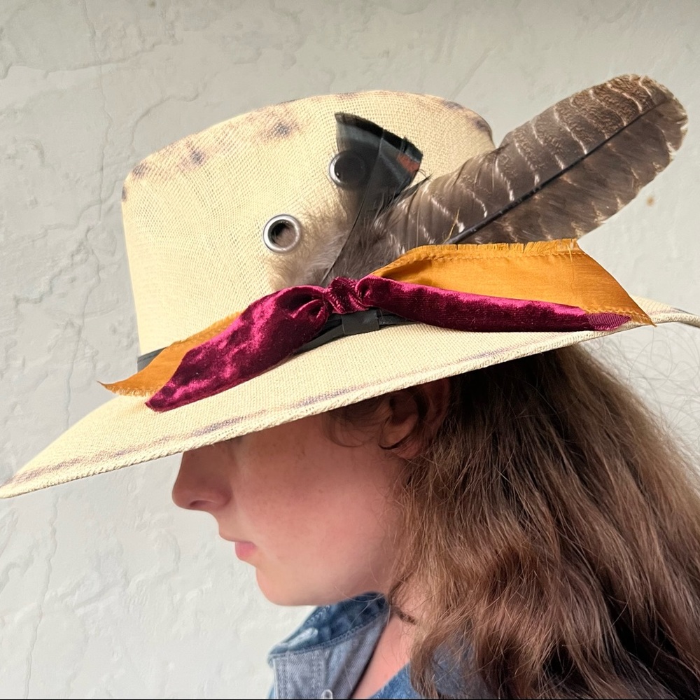 OOAK Western Boho distressed straw Panama hat
